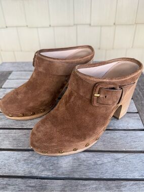 Veronica Beard Dacey Suede Clog Mule Heels Pecan Brown Wood Studded 7